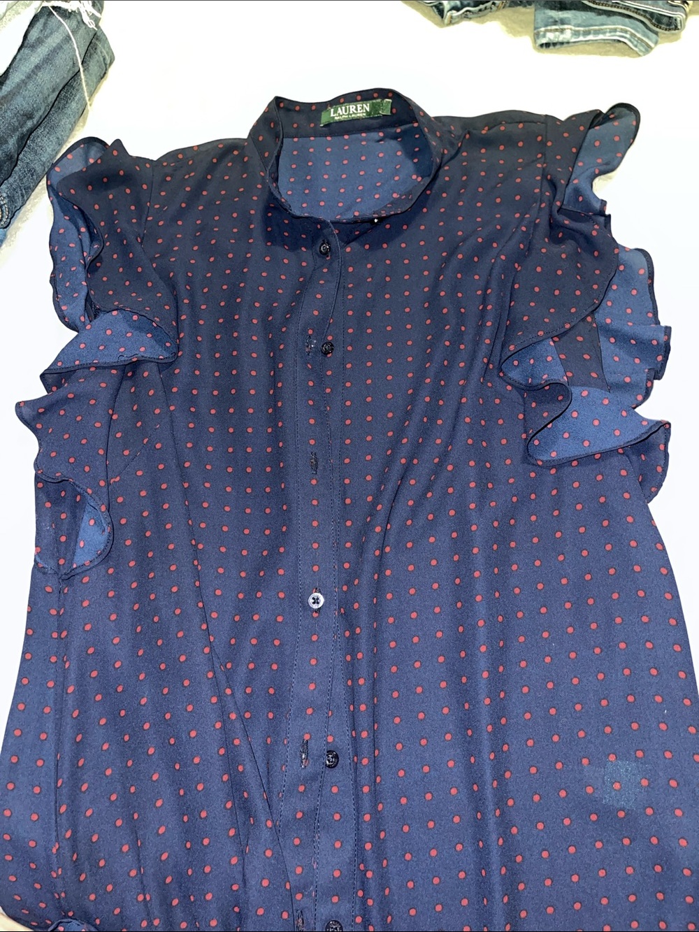 Lauren Ralph Lauren Navy Blouse with Red Dot Print and Ruffle Sleeves